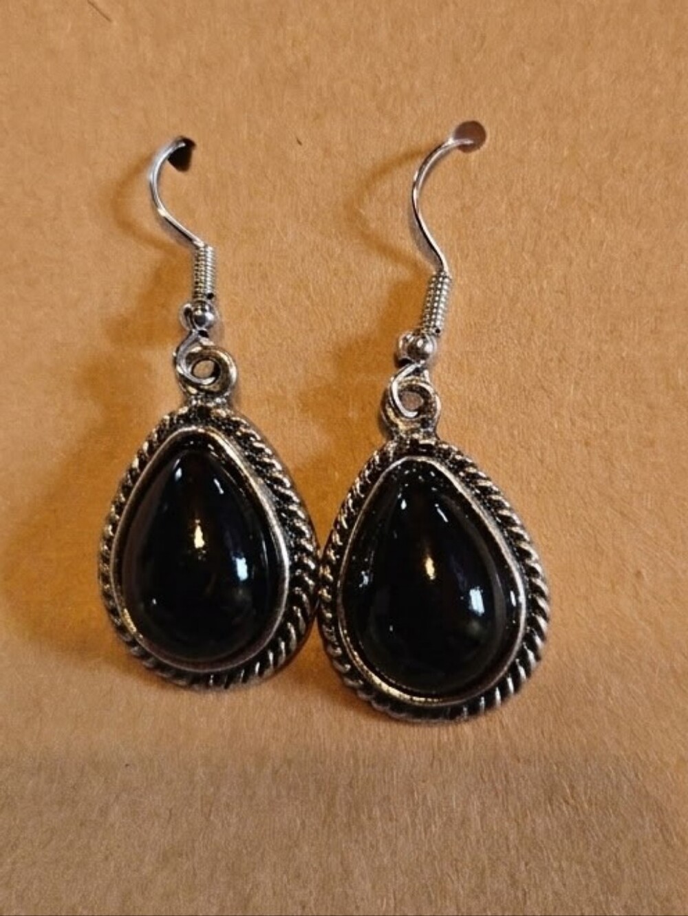 Western Silvertone Teardrop Black Stone Dangle Earrings